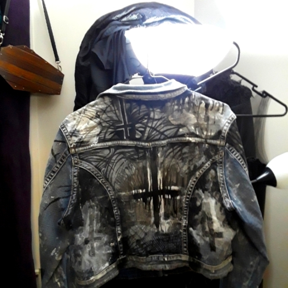 Painted jean jacket inverted crosses